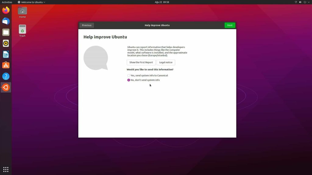 Ubuntu Desktop 21.04 Başlangıç Ekranı